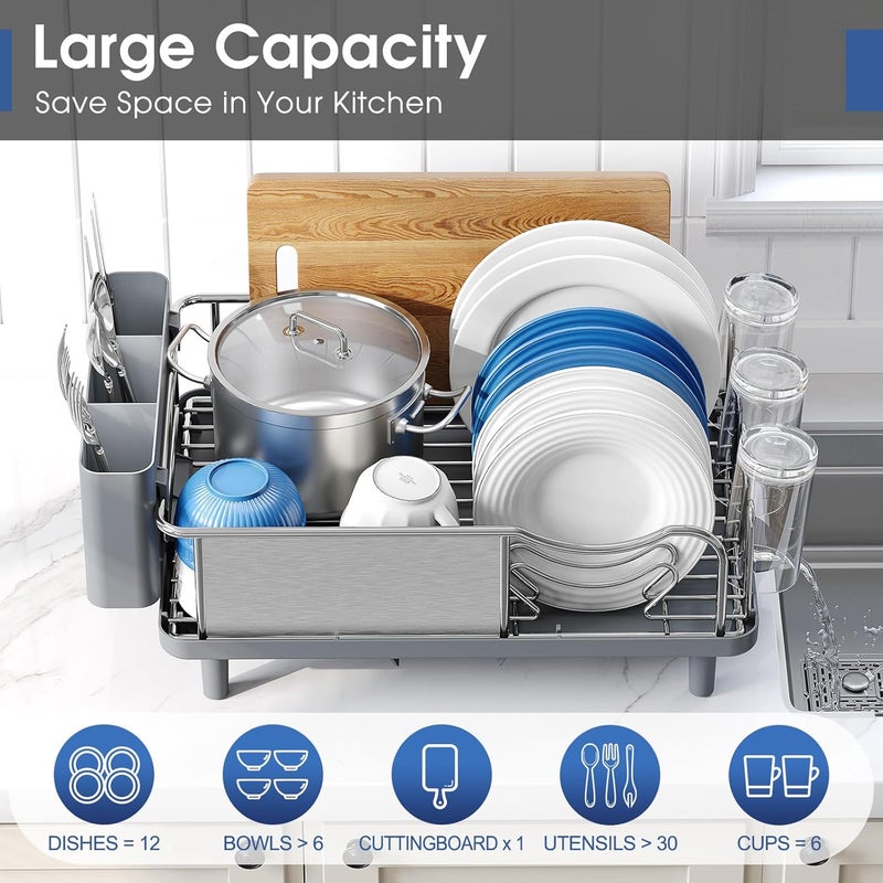 Urackify Stainless Steel Dish Drying Rack - Large Capcity 304 Grade Dish Drainer for Kitchen Counter with Drain Board, Utensil Holder & Detachable Cup Shelf, Rustproof Multifunctional Organizer - Image 2